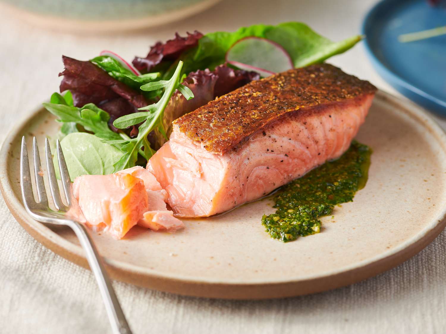 Pan-Seared Salmon with Zucchini Noodles and Avocado Cilantro Sauce
