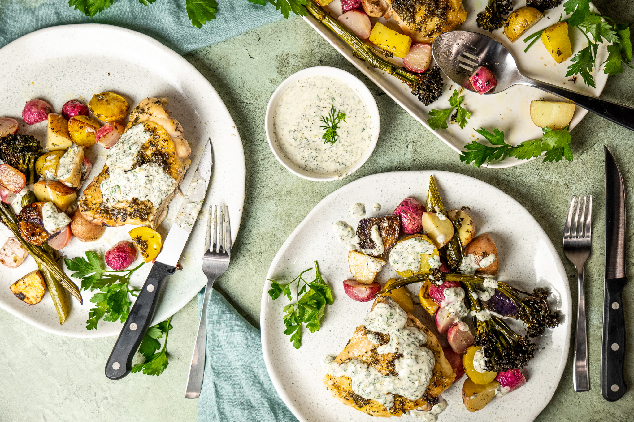My HOT Herb-Roasted Chicken Thighs with Lemon-Dill Sauce