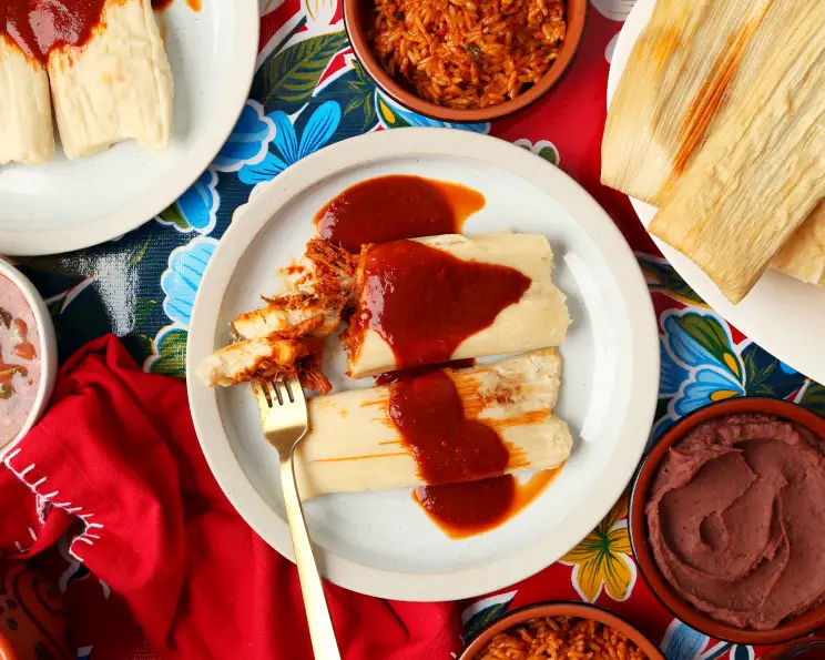 Sweet Corn and Pumpkin Seed Tamales with Red Chile Sauce