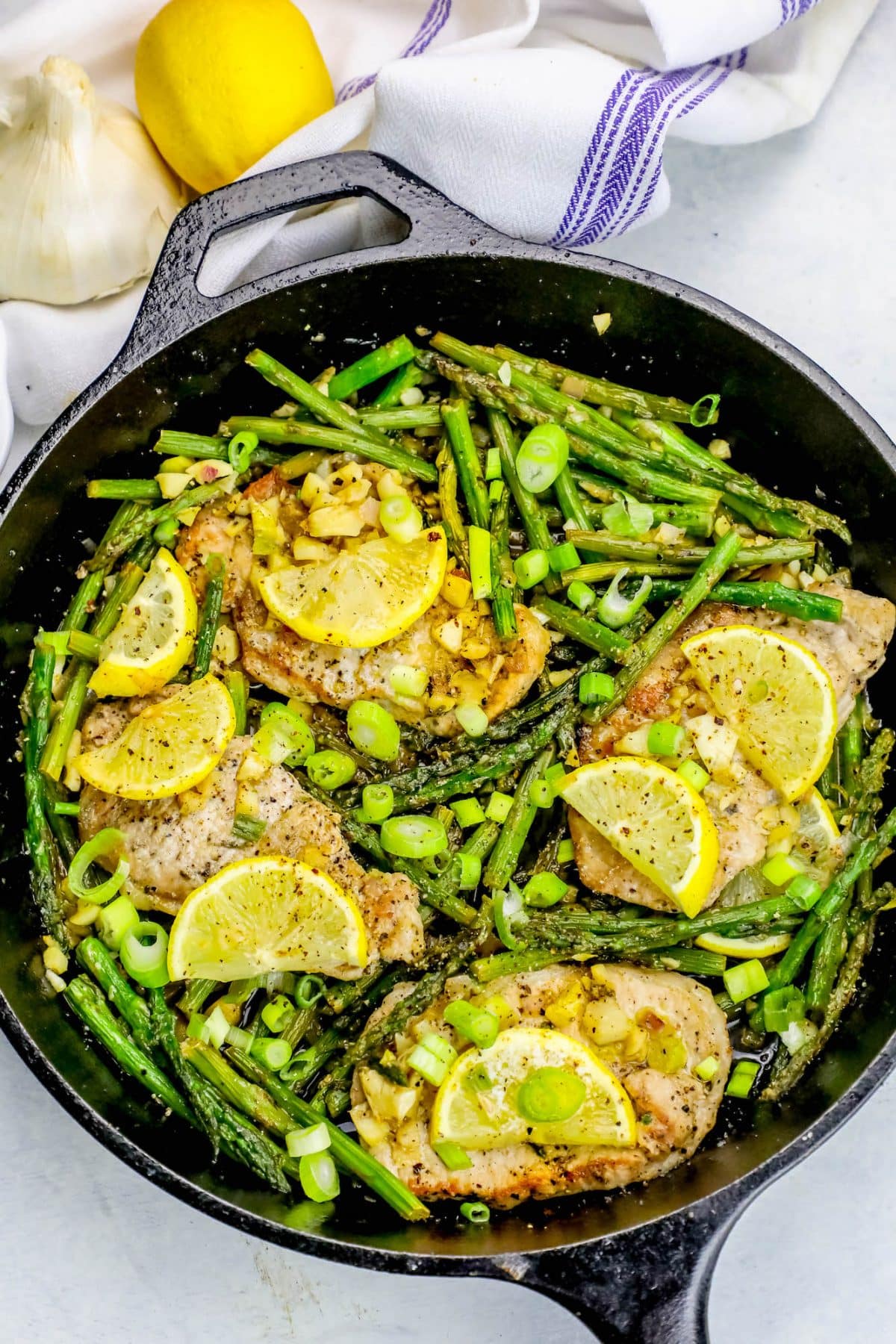 Grilled Lemon-Garlic Pork Chops with Asparagus and Roasted Cauliflower