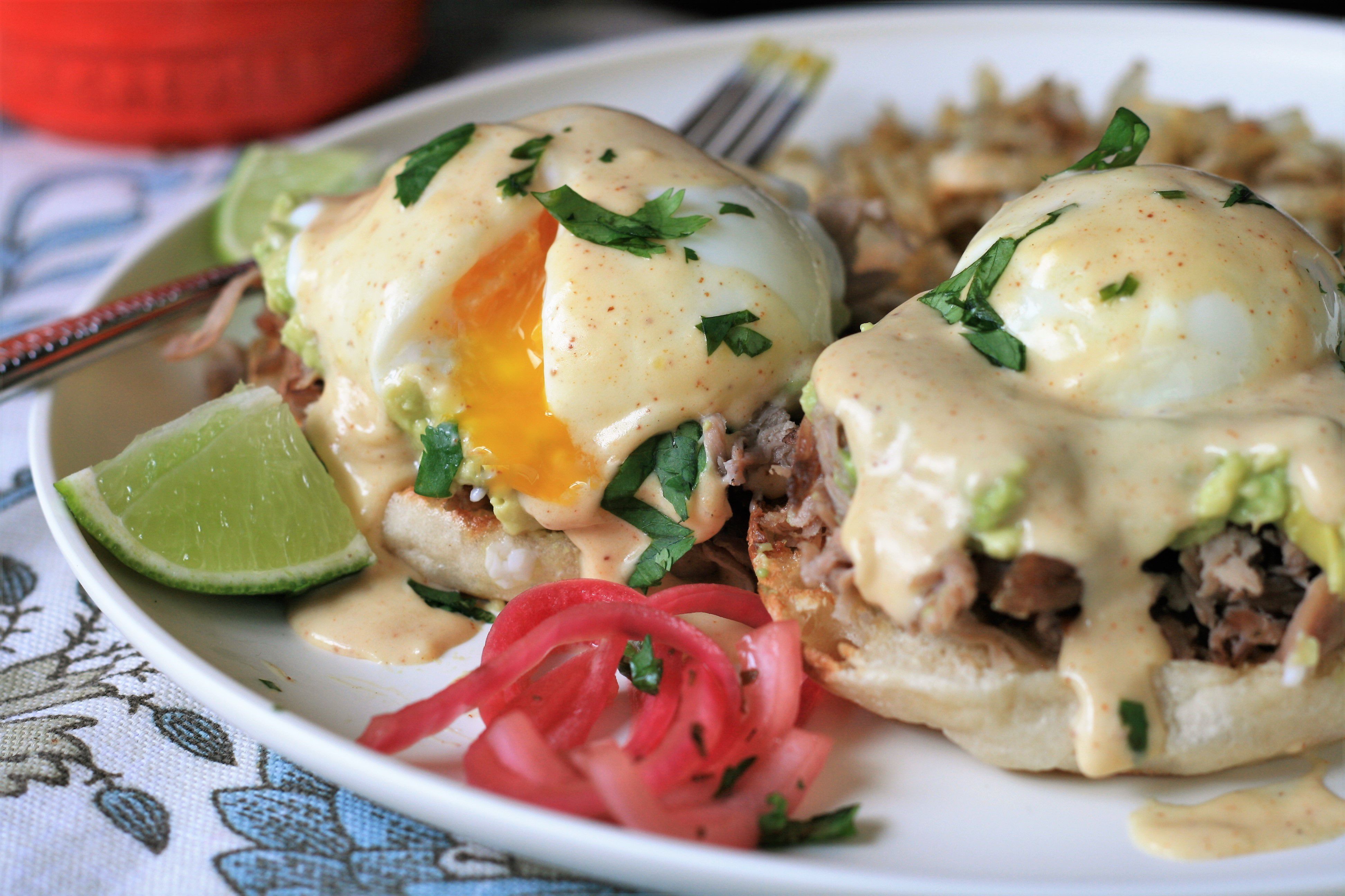 Pork Carnitas Benedict with Chipotle Hollandaise