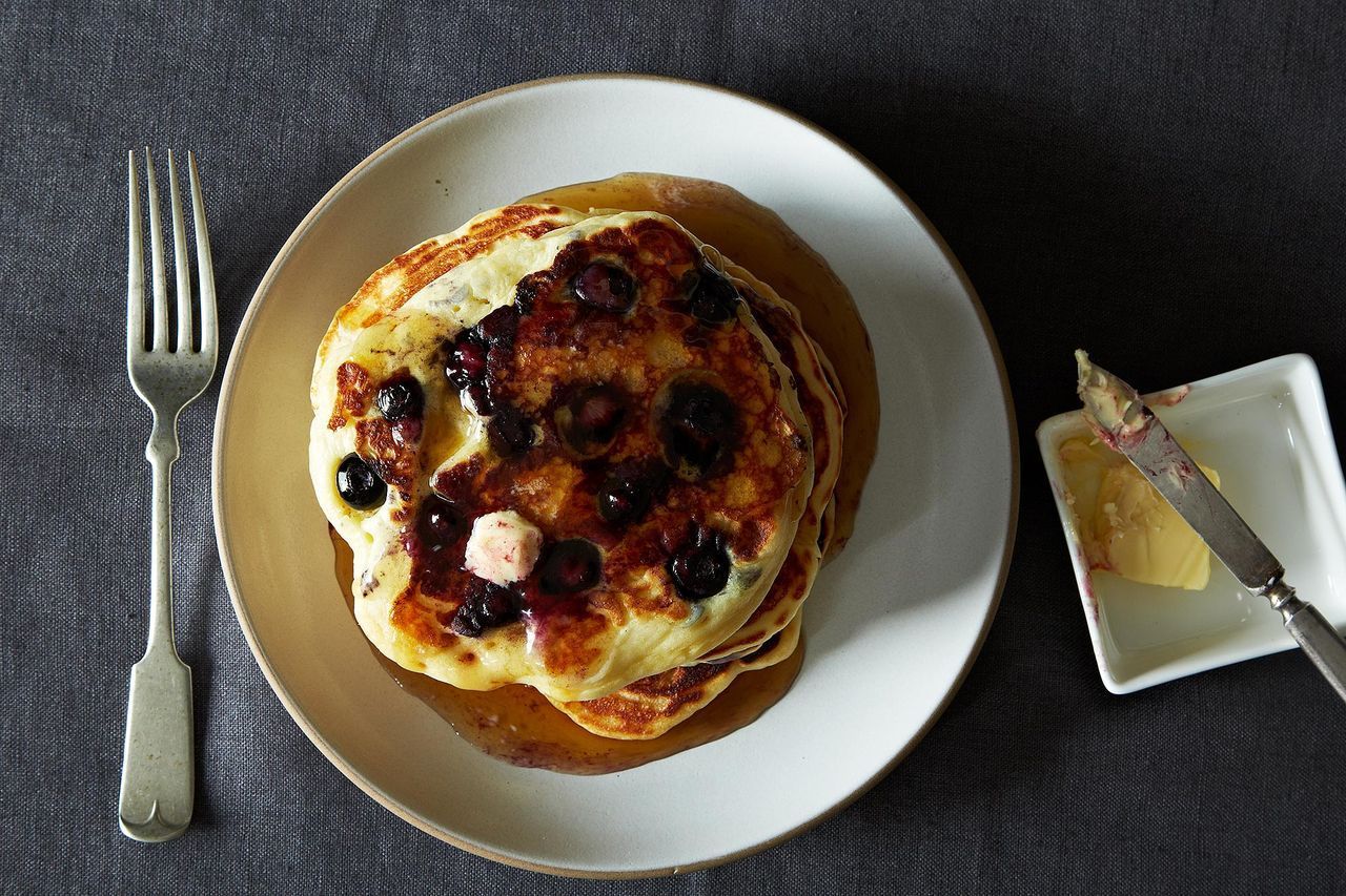 Blueberry and Lemon Basil Pancakes with Whipped Cream