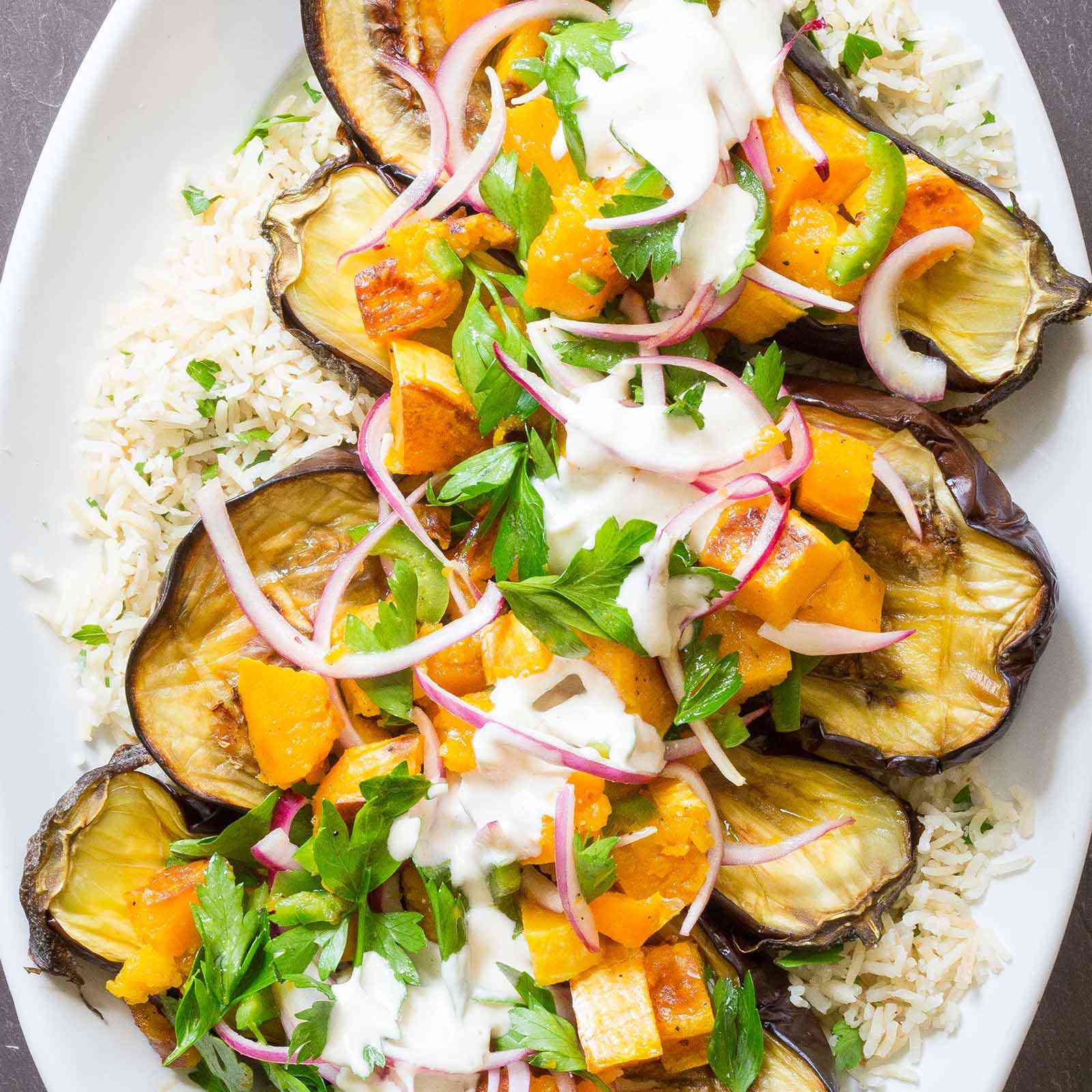 Oven-Roasted Eggplant with Tahini Yogurt Sauce
