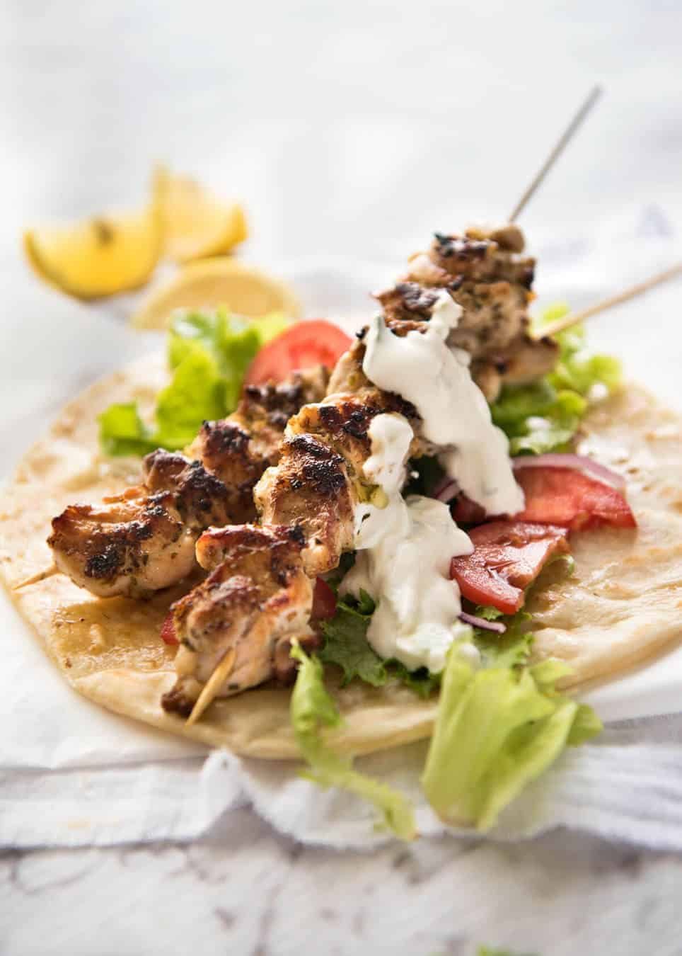 Lemon-Garlic Chicken Souvlaki Skewers with Tzatziki