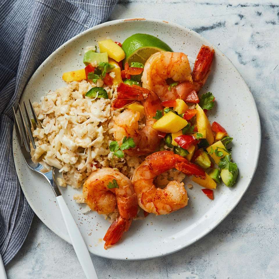 Sautéed Shrimp with Mango Salsa and Cilantro-Lime Cauliflower Rice