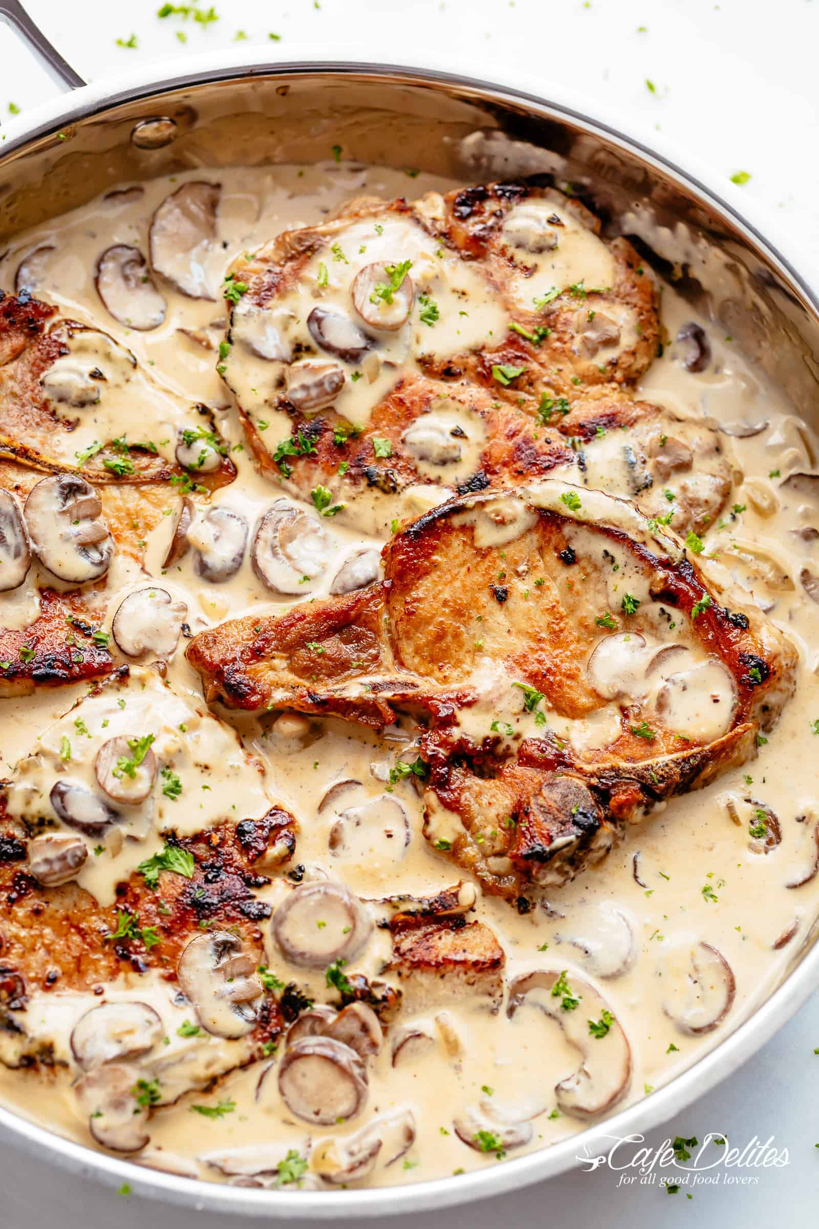 Pan-Fried Pork Chops with Mushroom Cream Sauce
