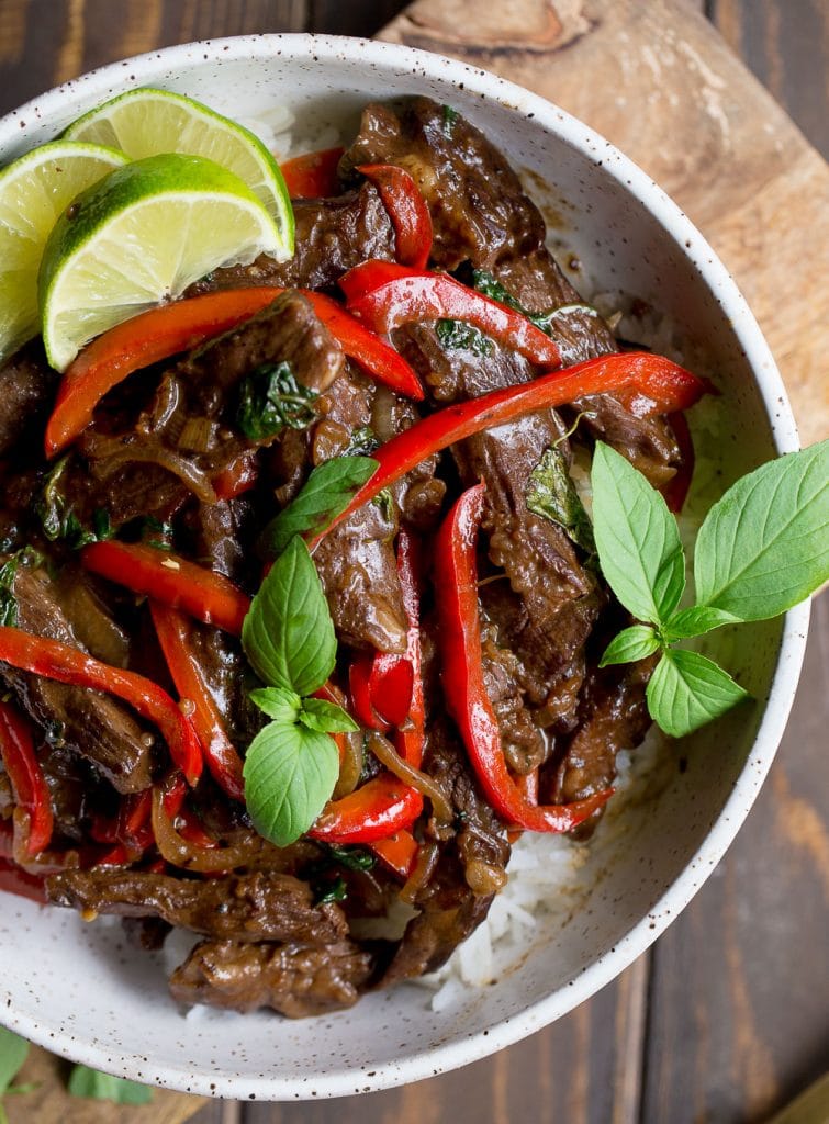 High Protein Thai Basil Beef Stir Fry with Bell Peppers