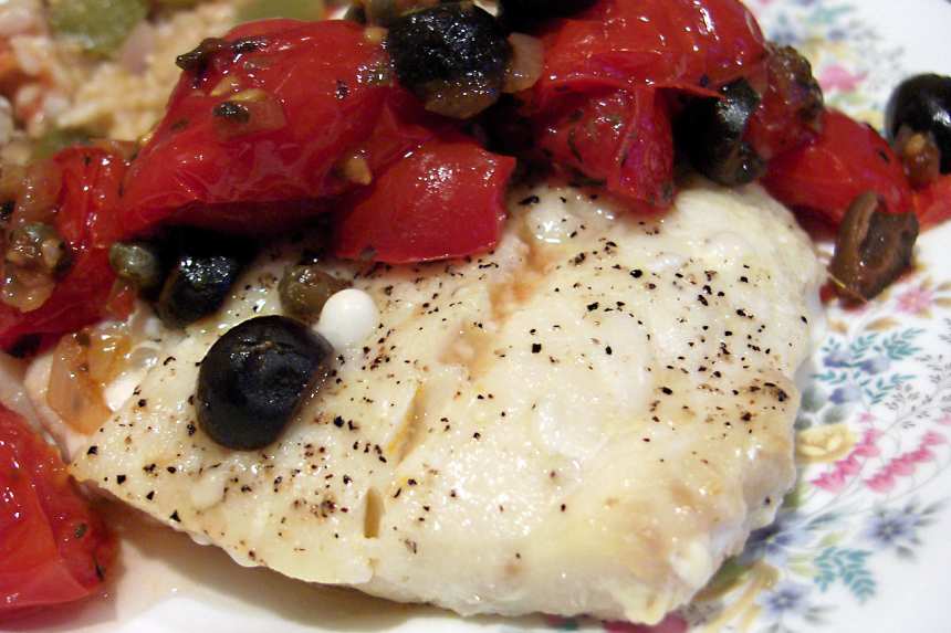 Baked Cod with Tomato-Olive Tapenade and Zucchini Noodles