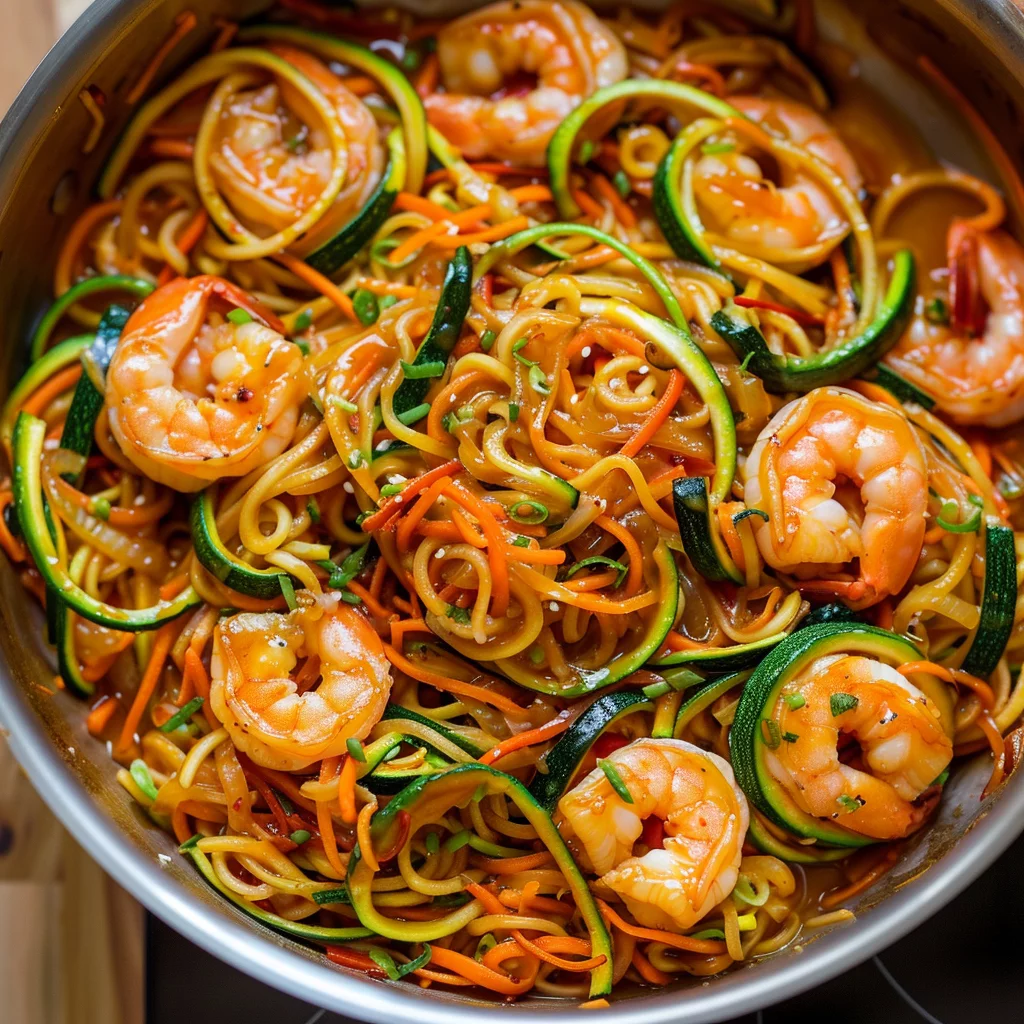 Zucchini Noodle Stir-Fry with Shrimp and Cashew Garlic Sauce