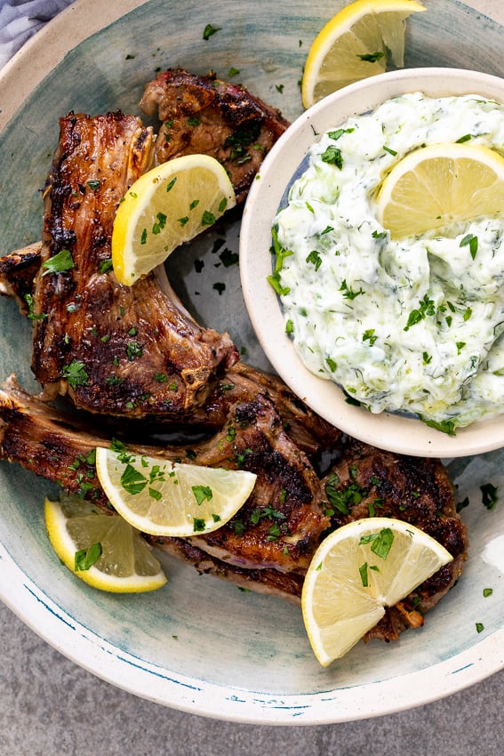 Pan-Seared Lamb Chops with Tzatziki and Lemon-Oregano Drizzle