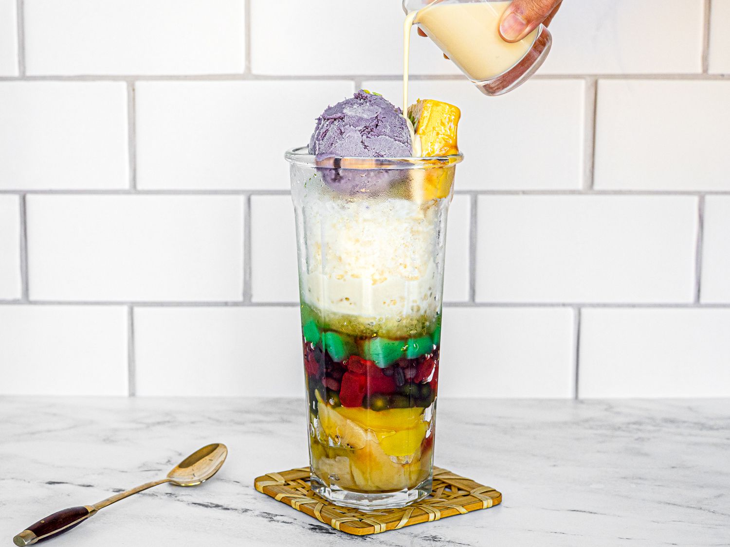 Halo-Halo Filipino Shaved Ice Dessert with Mixed Fruits and Leche Flan