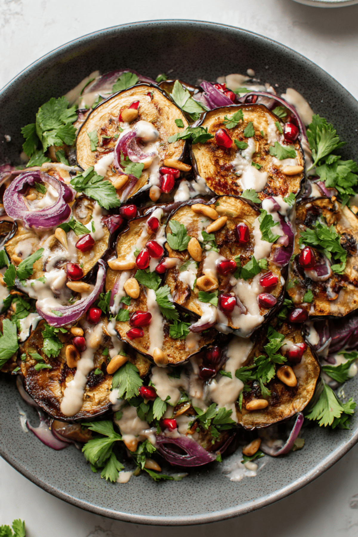 Sober Roasted Eggplant and Tomato Salad with Tahini Dressing