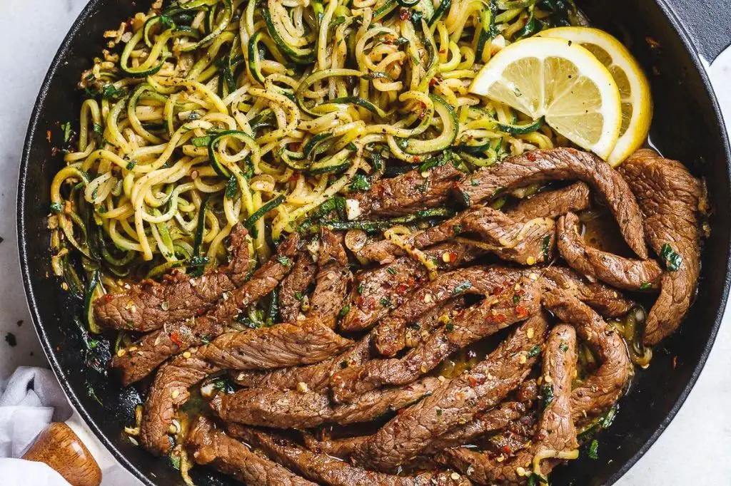 Sautéed Beef Strips with Zucchini Noodles and Cherry Tomatoes