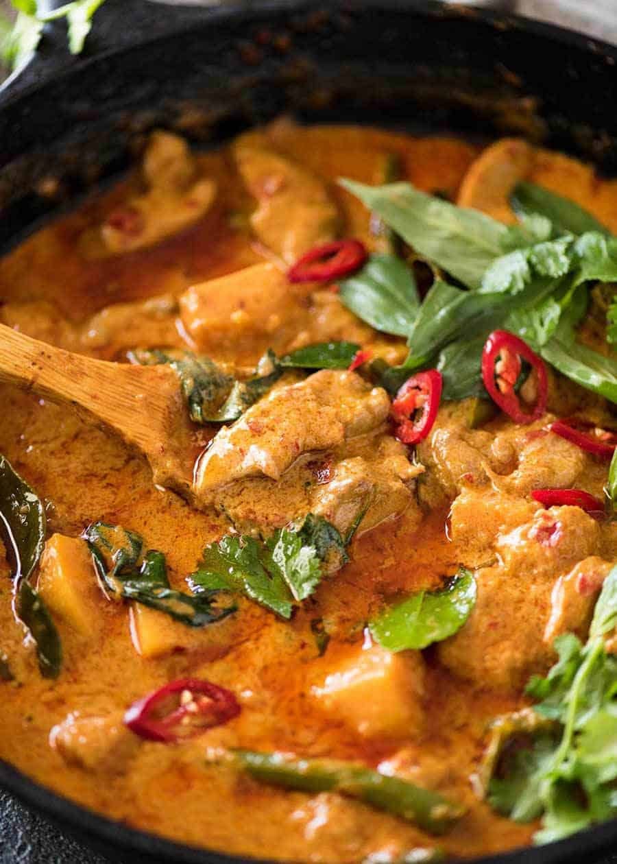 Pan-Seared Chicken Thighs with Thai Basil and Red Curry Sauce