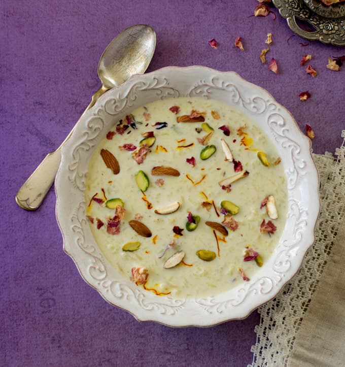 White Marble Kheer with Saffron and Cardamom