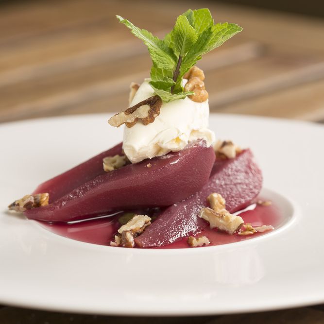 Chardonnay and Honey Poached Pears with Mascarpone