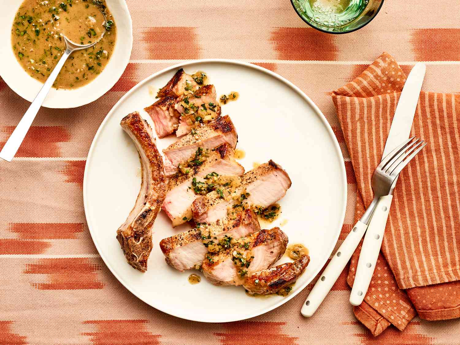 Pan-Seared Pork Chops with Apple Cider Pan Sauce and Brussels Sprouts