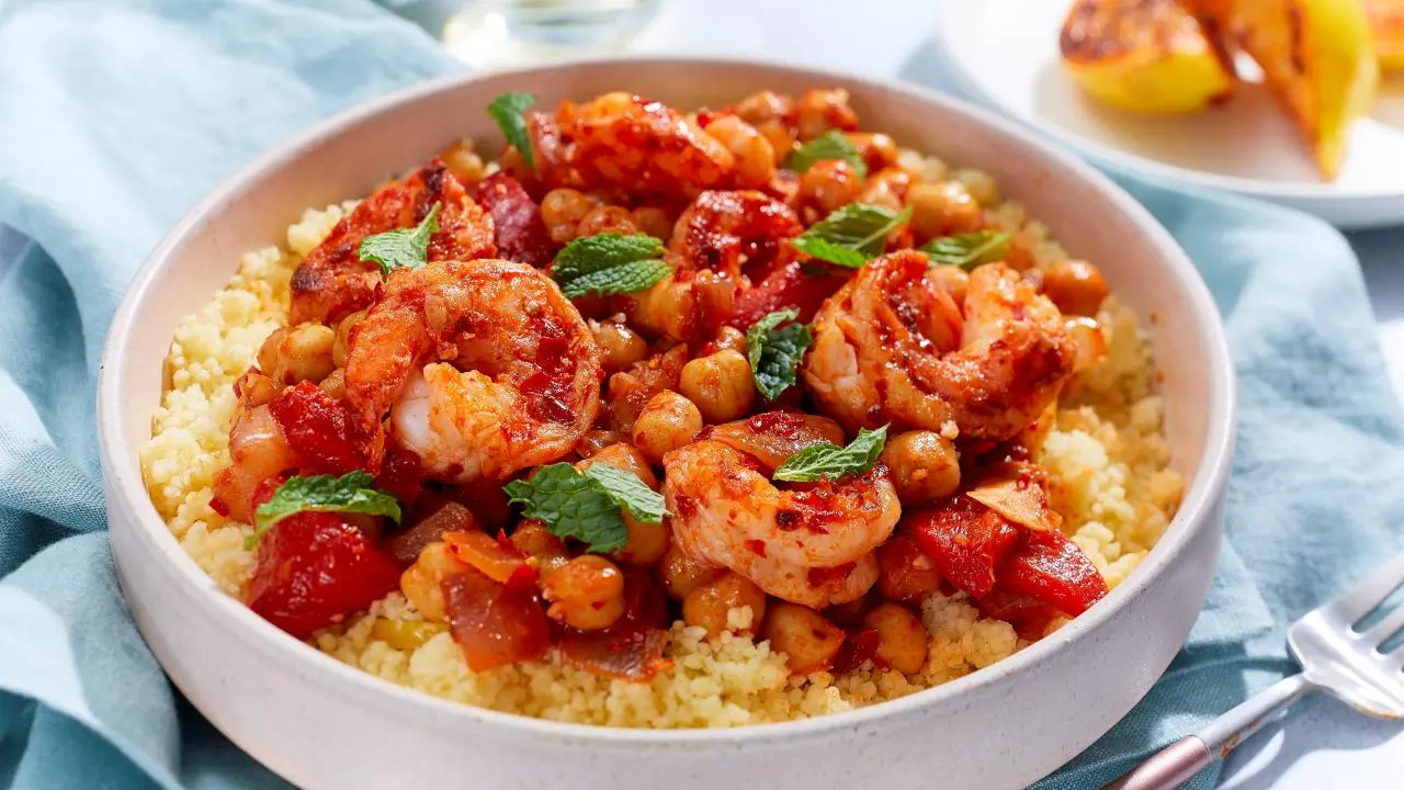 Sheet Pan Harissa-Spiced Shrimp with Roasted Cauliflower and Chickpeas