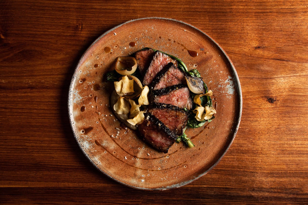Grilled American Wagyu Striploin with Charred Shallot Sauce