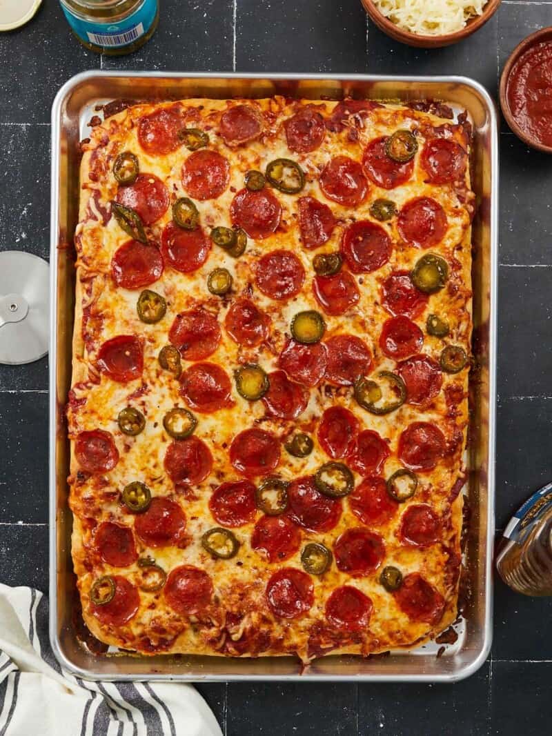 Spicy Pepperoni and Mushroom Sheet Pan Pizza