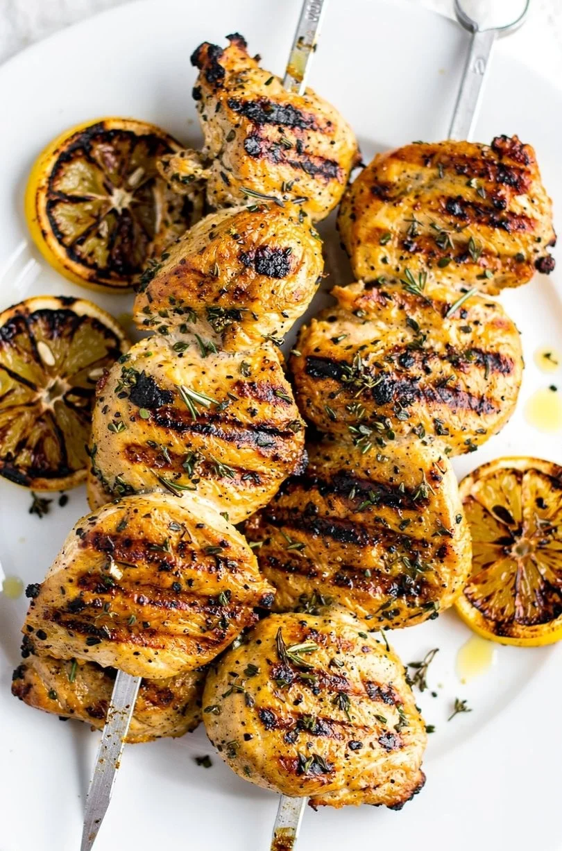Grilled Citrus-Herb Chicken Skewers with Red Pepper Sauce