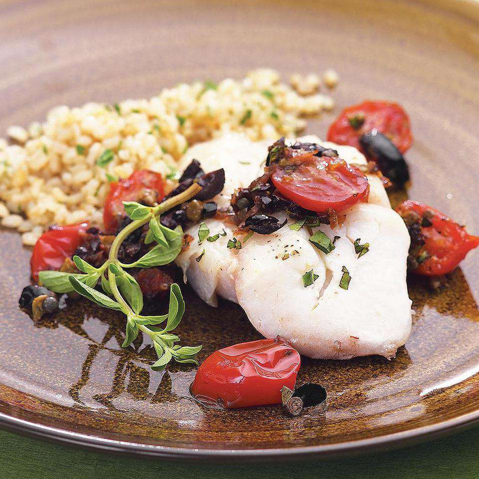 Sautéed Cod with Tomato, Olive, and Caper Sauce