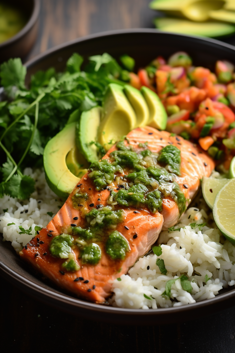 Pan-Roasted Salmon with Cauliflower Rice and Avocado Cilantro Sauce