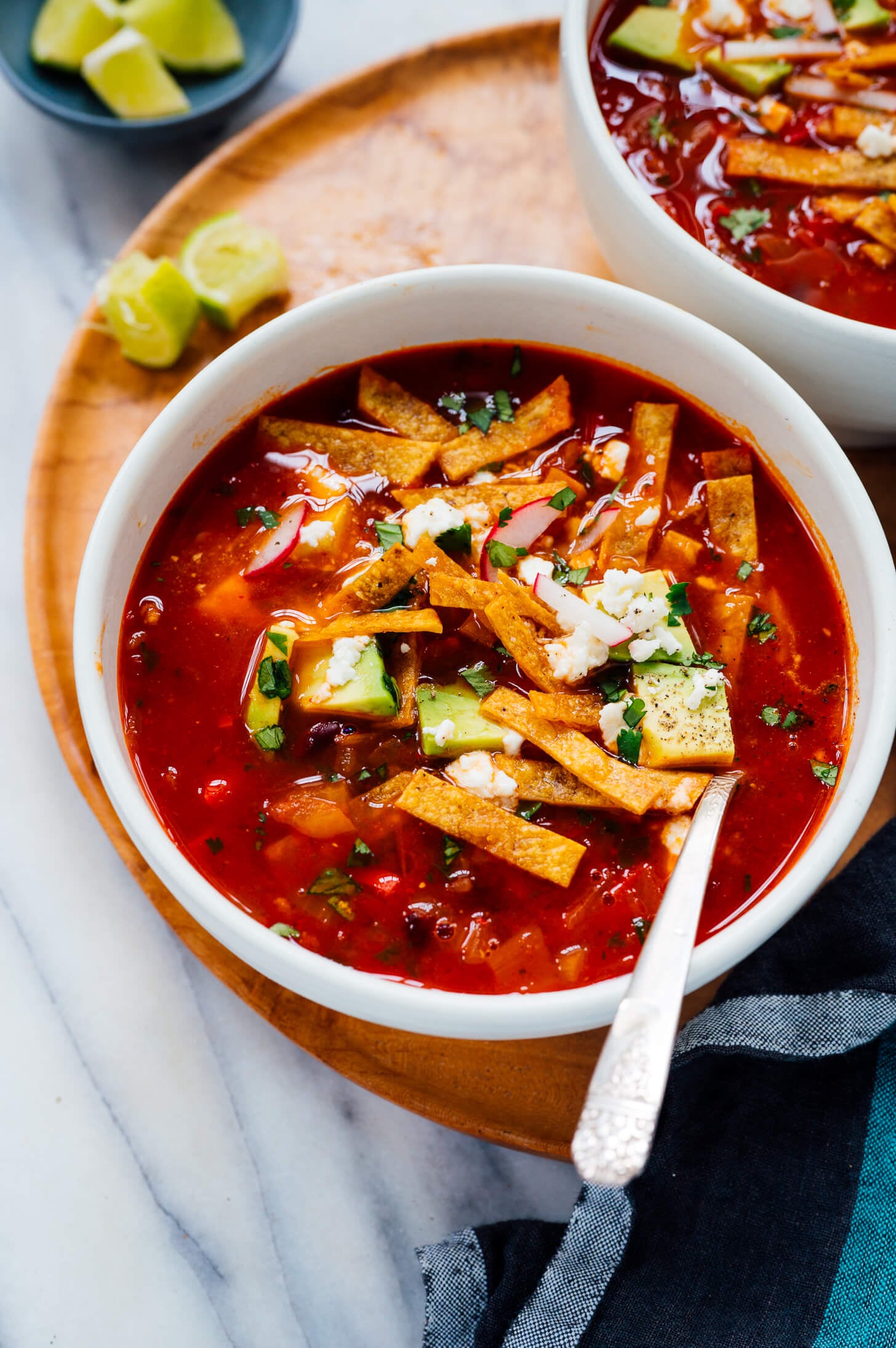 Red Pepper and White Bean Soup with Blue Corn Tortilla Crisps