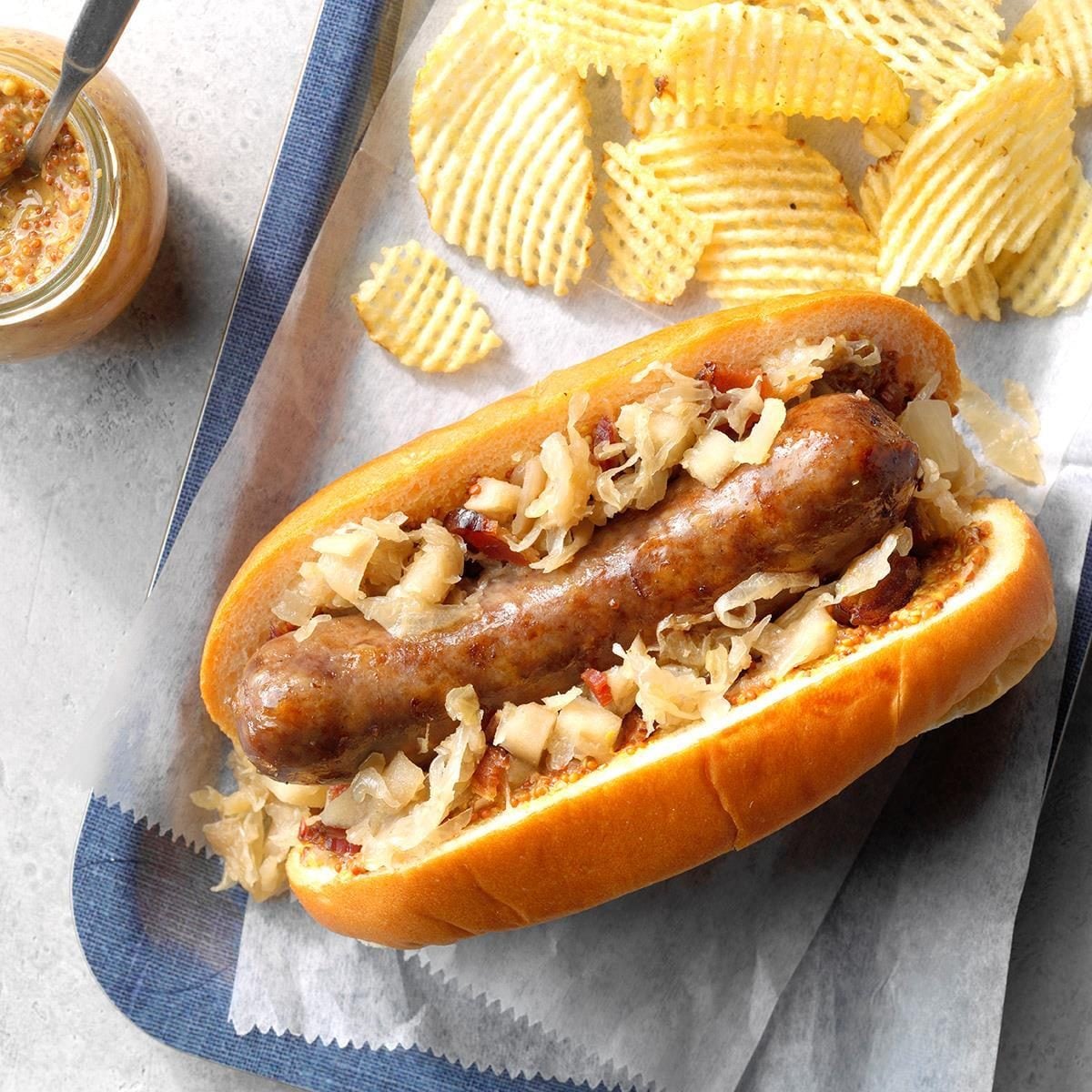 Grilled Bratwurst Sliders with Spicy Mustard and Sauerkraut