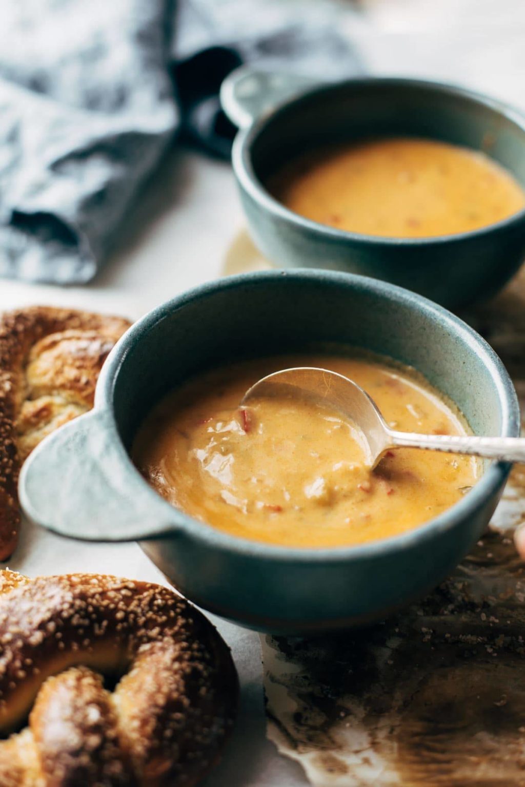 Brewers-Inspired Beer Cheese Soup with Pretzel Croutons