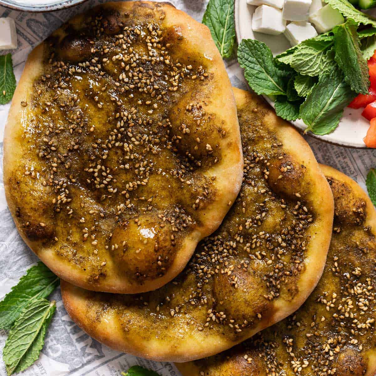 Pan-Fried Zaatar Manoushe with Labneh and Fresh Herb Salad