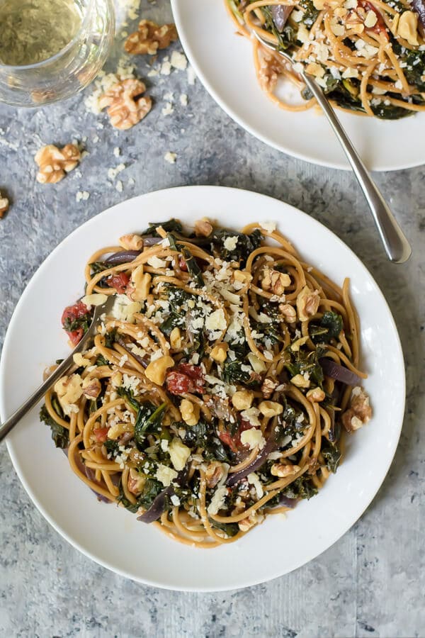 Toasted Pine Nut and Kale Whole Wheat Spaghetti