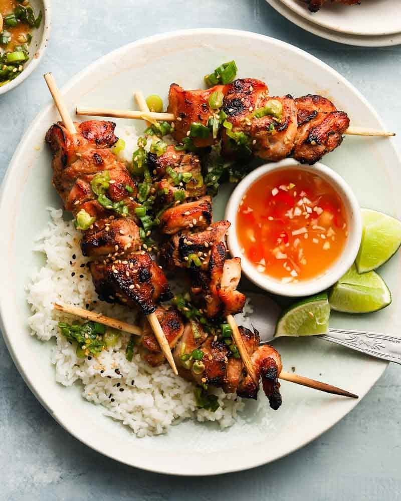 Lemongrass-Grilled Chicken Skewers with Nuoc Cham Dipping Sauce