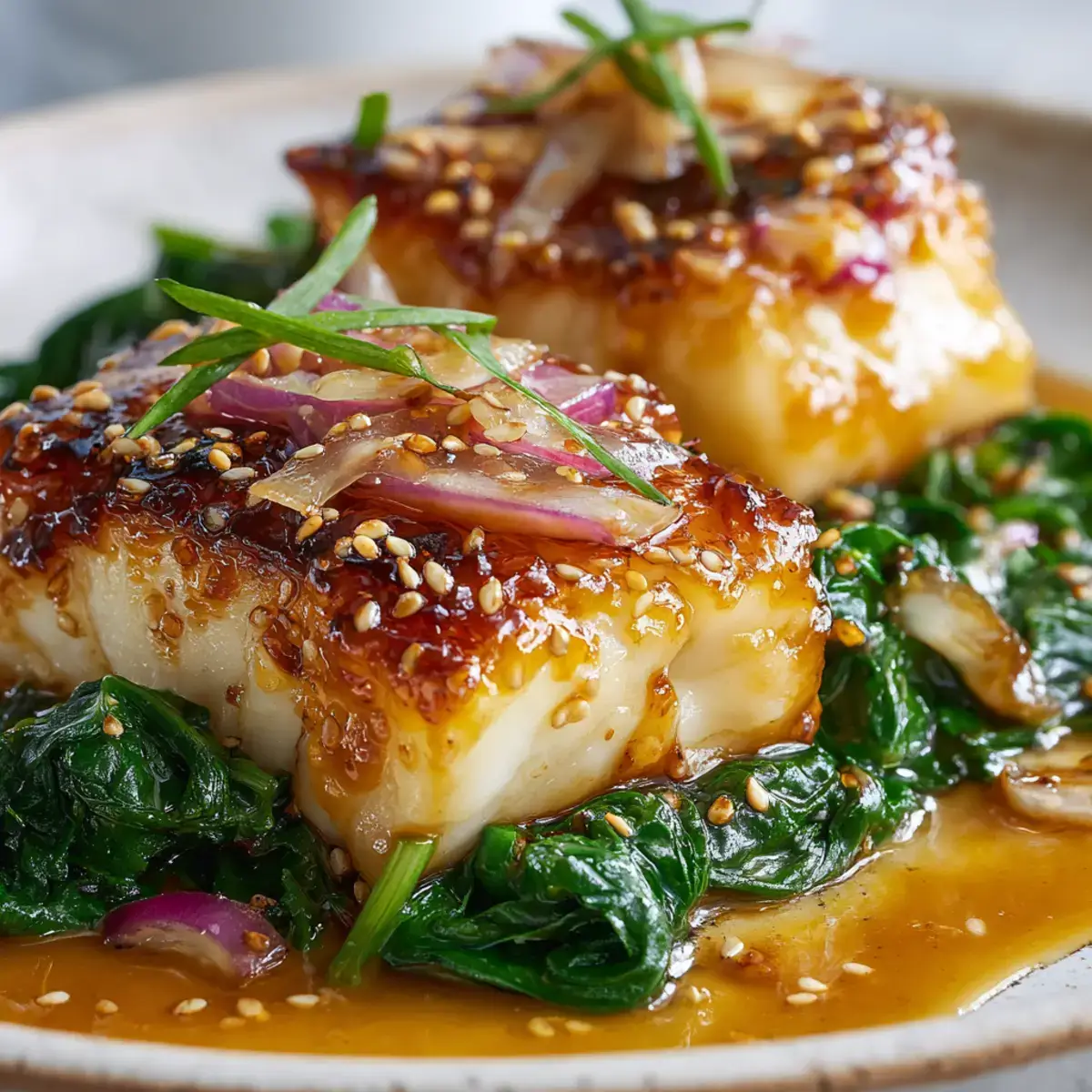 Miso-Glazed Black Cod with Sautéed Spinach and Mushrooms