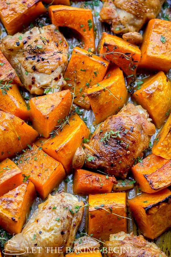 Pan-Seared Chicken Thighs with Roasted Butternut Squash and Sautéed Kale