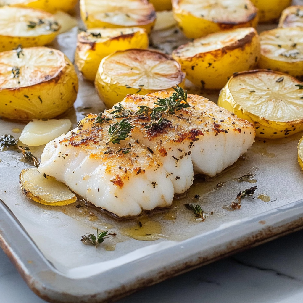 Baked Lemon-Thyme Cod with Roasted Garlic Potatoes