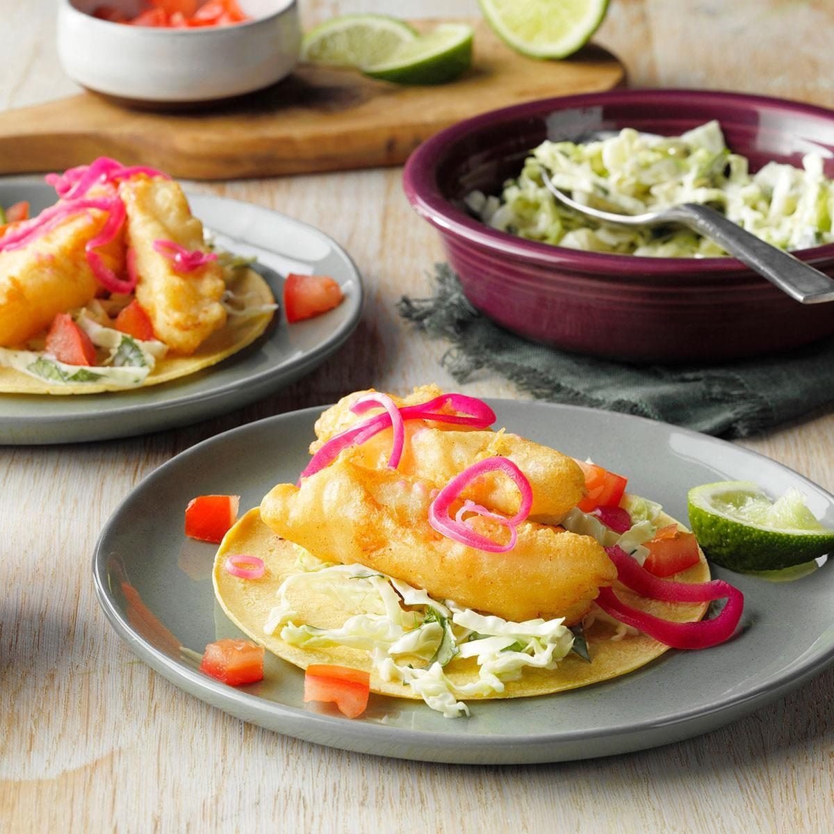 Tropical Beer-Battered Fish Tacos with Mango Slaw