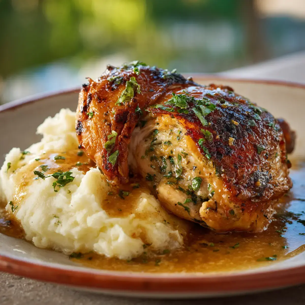 Pan-Seared Chicken Thighs with Romesco and Garlic Mashed Potatoes
