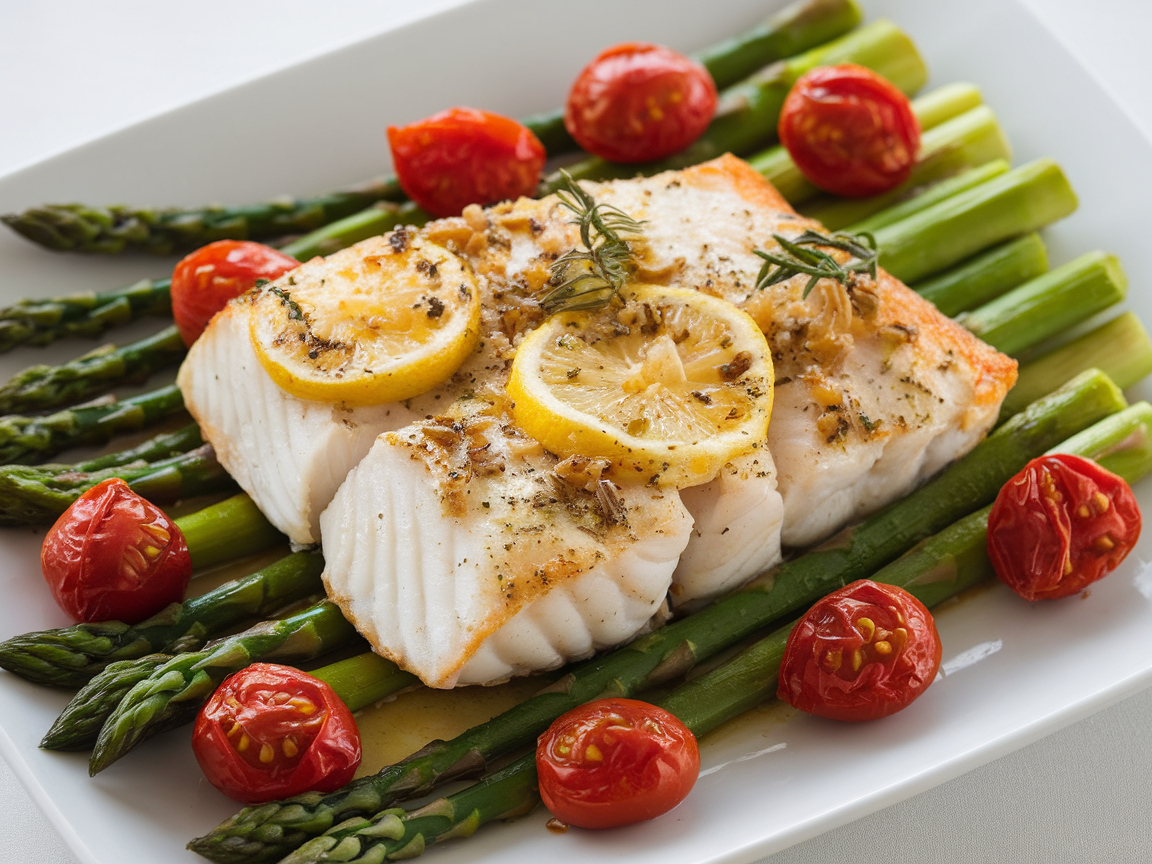 Sautéed Garlic Lemon Cod with Asparagus and Cherry Tomatoes
