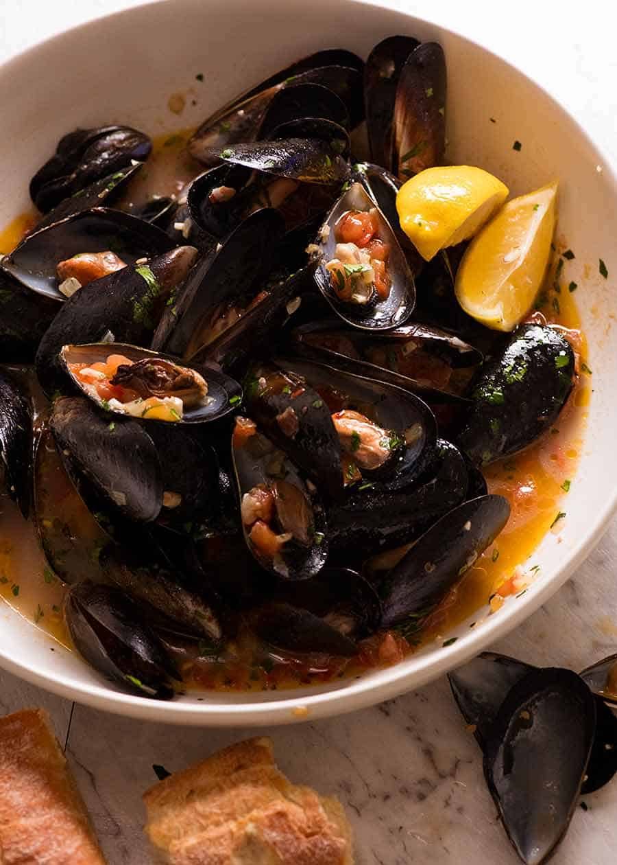 Tide Pool-Inspired Mussels in White Wine Garlic Broth