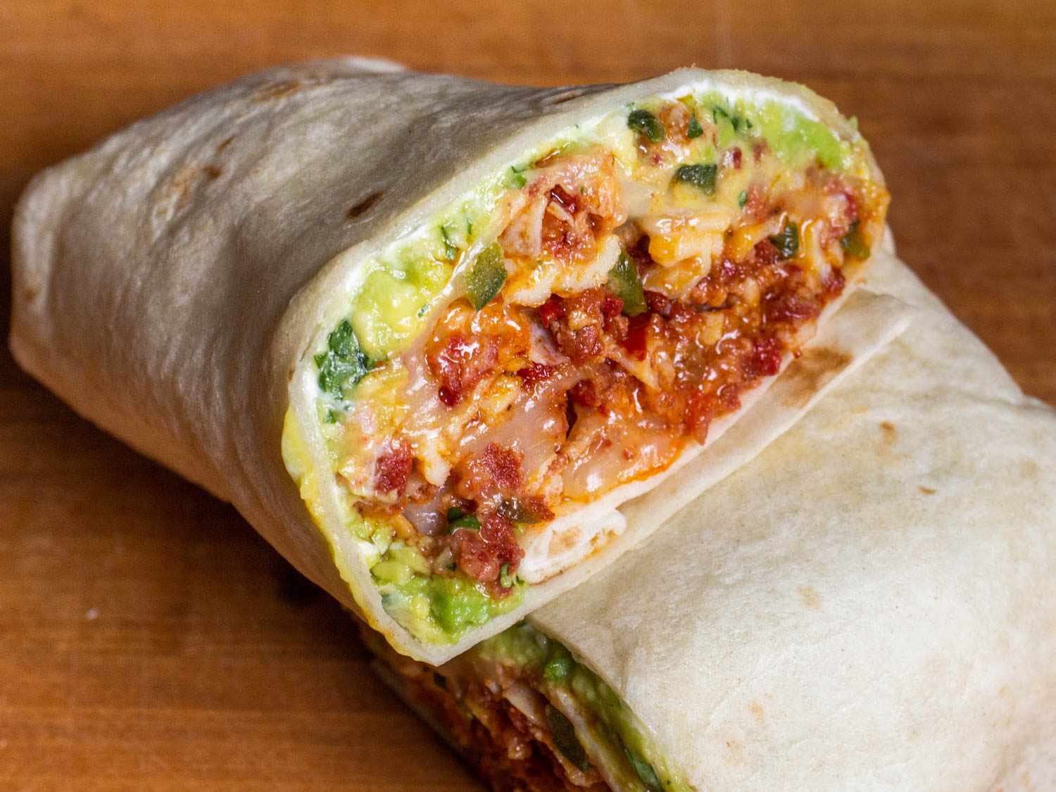 Denver-Style Breakfast Burrito with Scrambled Eggs and Chorizo