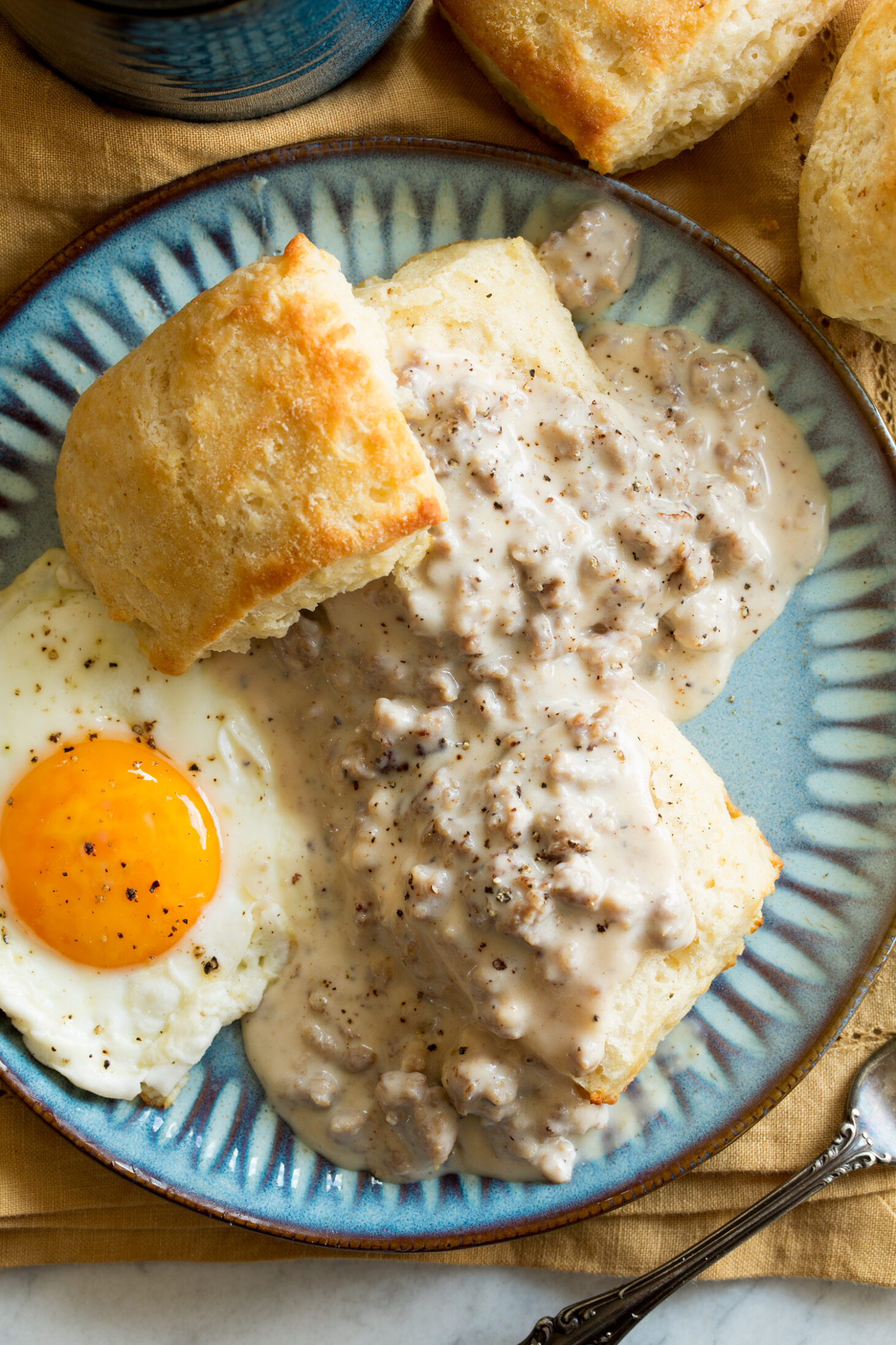 Pan-Fried Biscuits with Sausage Gravy and Scrambled Eggs