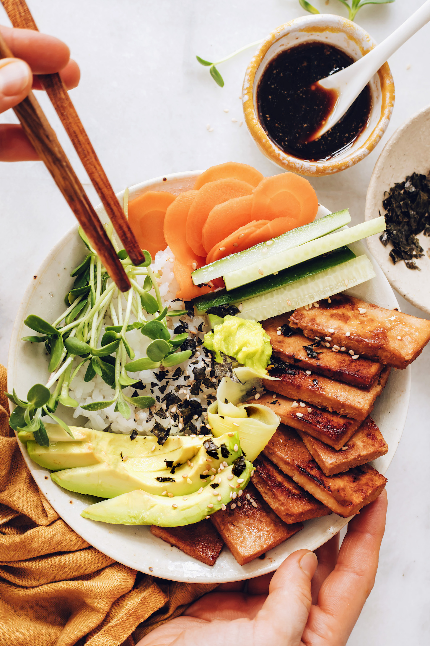 Sushi-Style Marinated Tofu Rolls with Avocado and Pickled Ginger