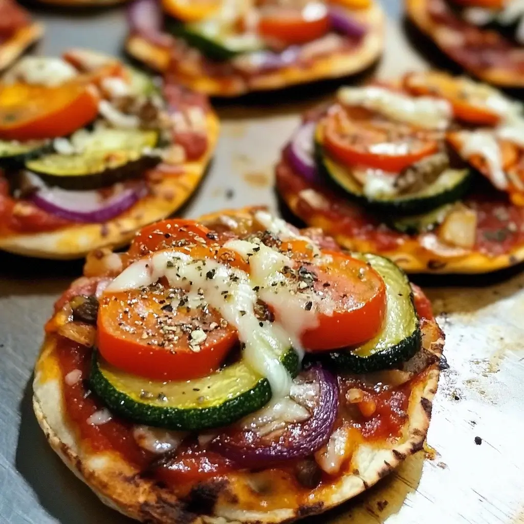 Baked Mini Pita Pizzas with Cheesy Veggie Toppings