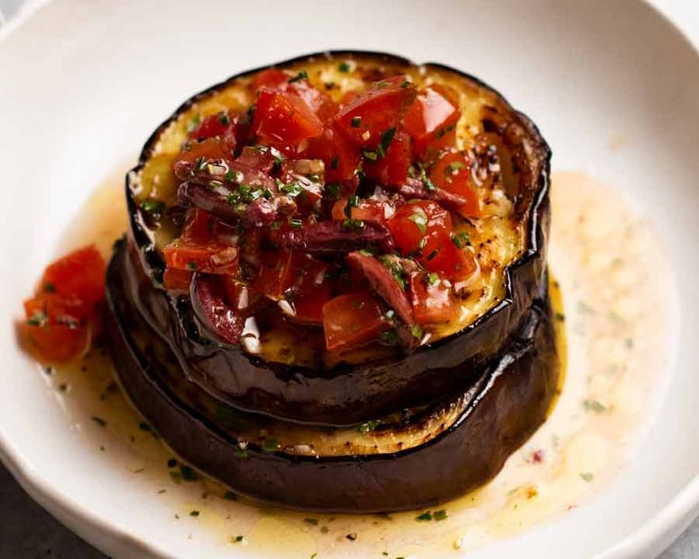 Pan-Fried Eggplant with Tomato and Manchego Tapenade