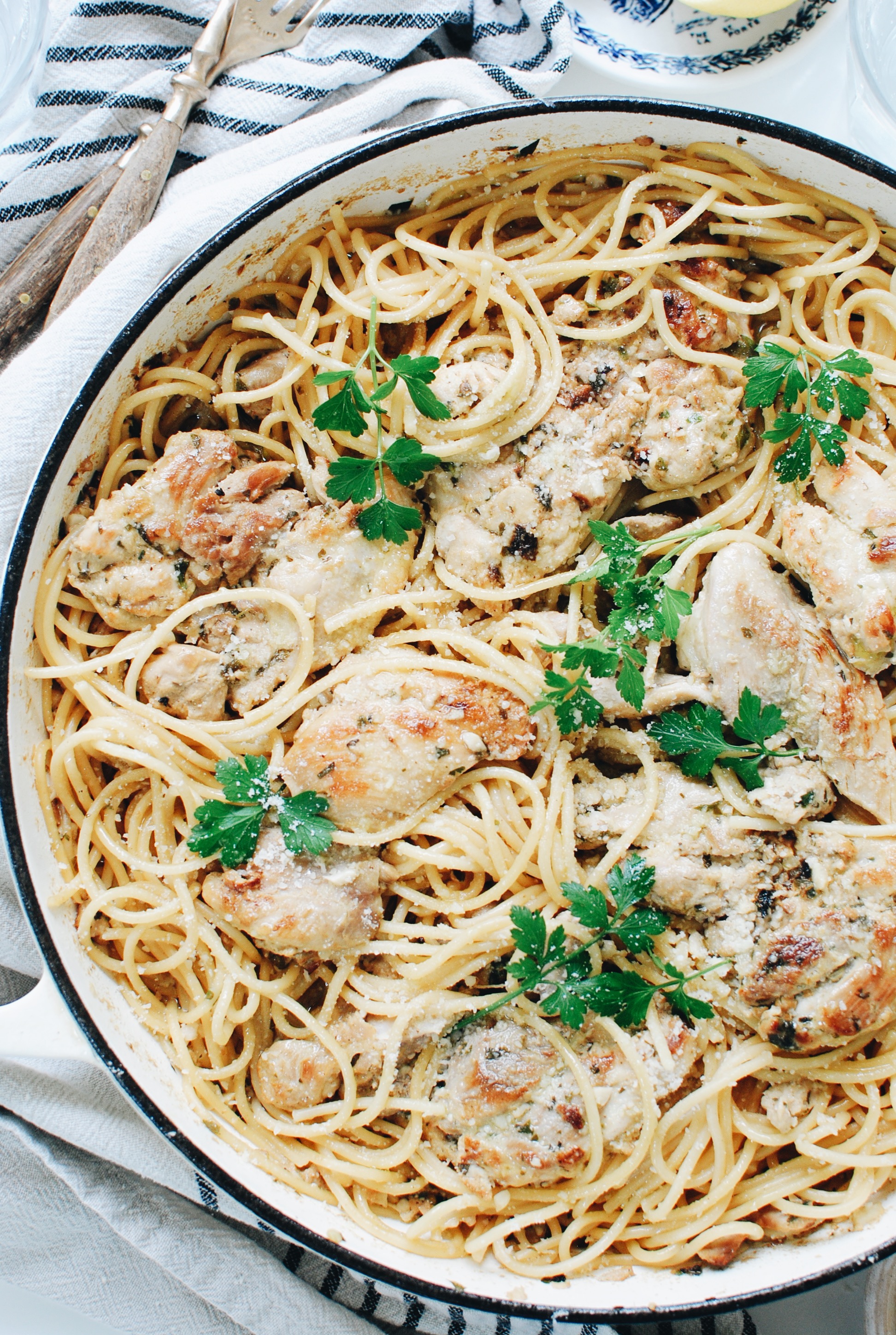Sautéed Chicken with Garlic and Olive Oil over Spaghetti
