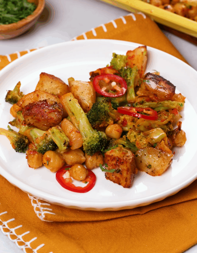 Sheet Pan Harissa-Spiced Chickpeas with Roasted Root Vegetables