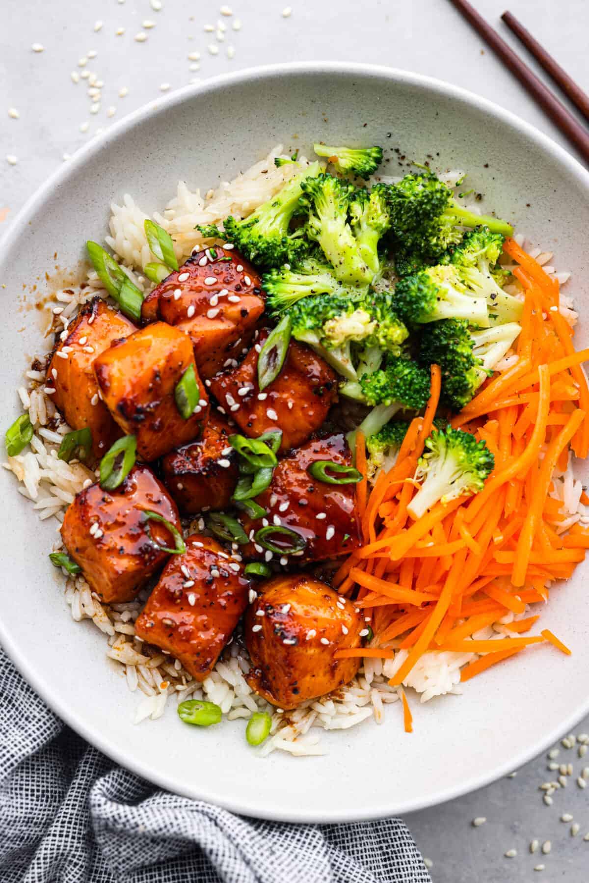 Honey-Ginger Glazed Salmon with Sesame Rice and Steamed Broccoli