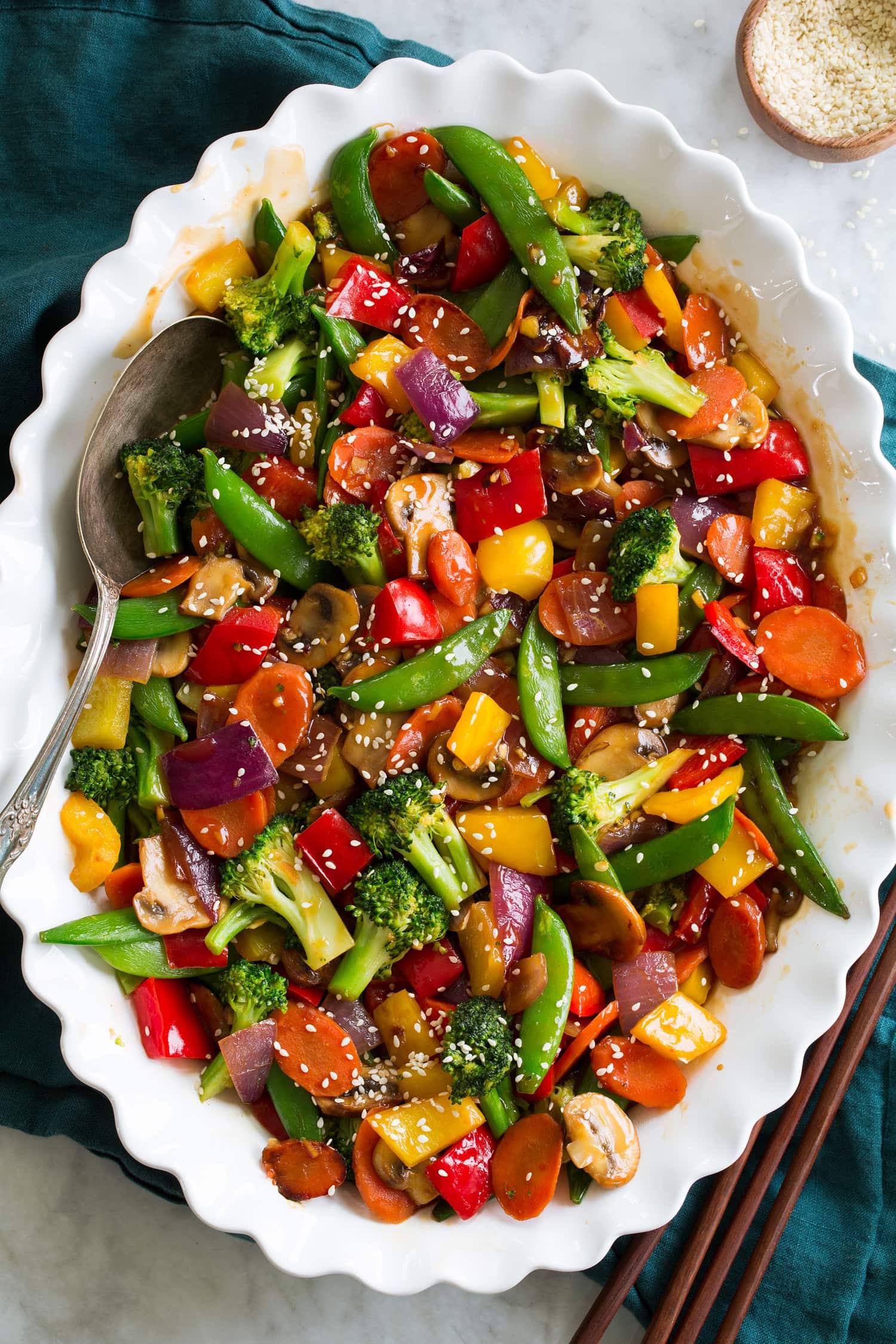 Vegetable Stir Fry with Red Bell Peppers and Blue Corn Tortillas