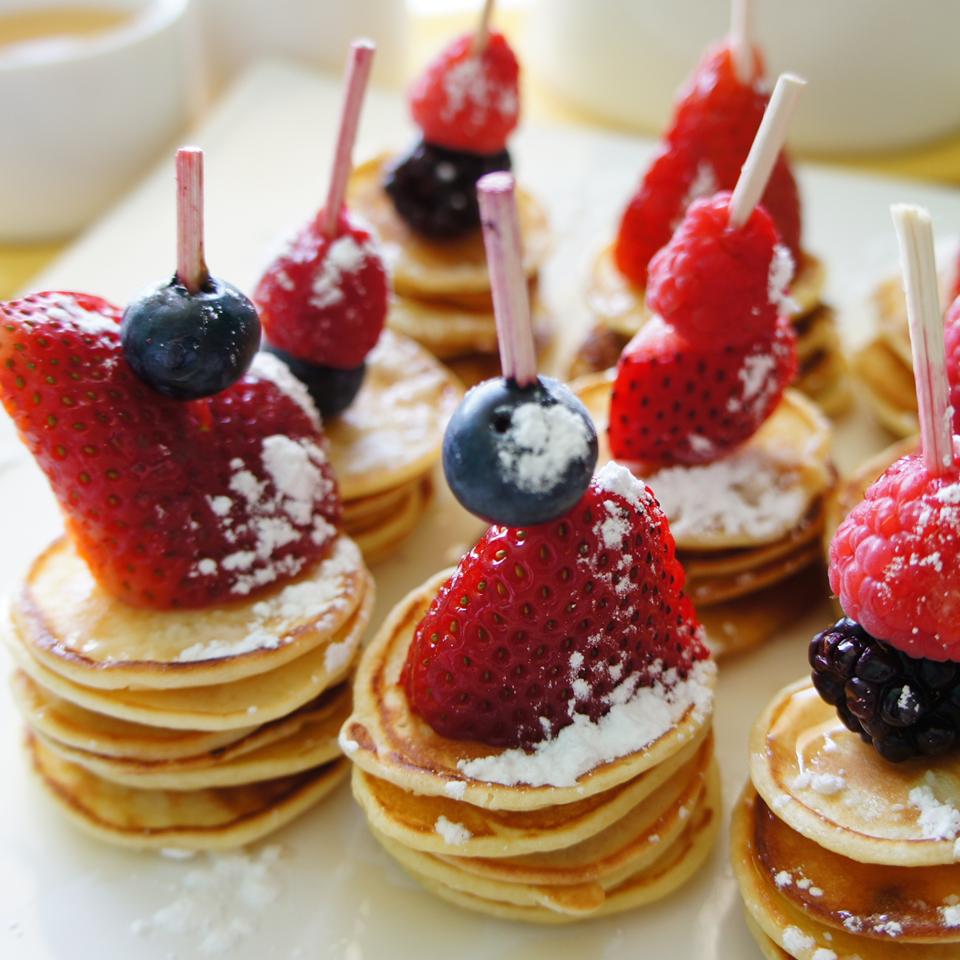 Jingle Bell Mini Pancake Skewers with Berry Sauce